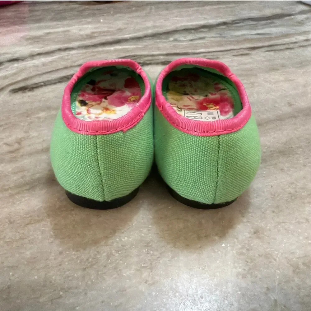 NWOT Polo Ralph Lauren Girls Green & Pink Canvas Ballet Flats Shoes, Size 6C